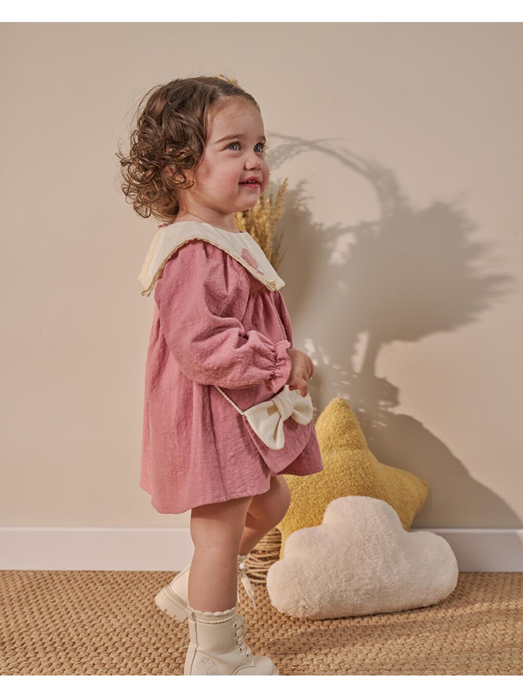 Pembe Bebek Kız Gül Kurusu Yakalı Çantalı Elbise-6