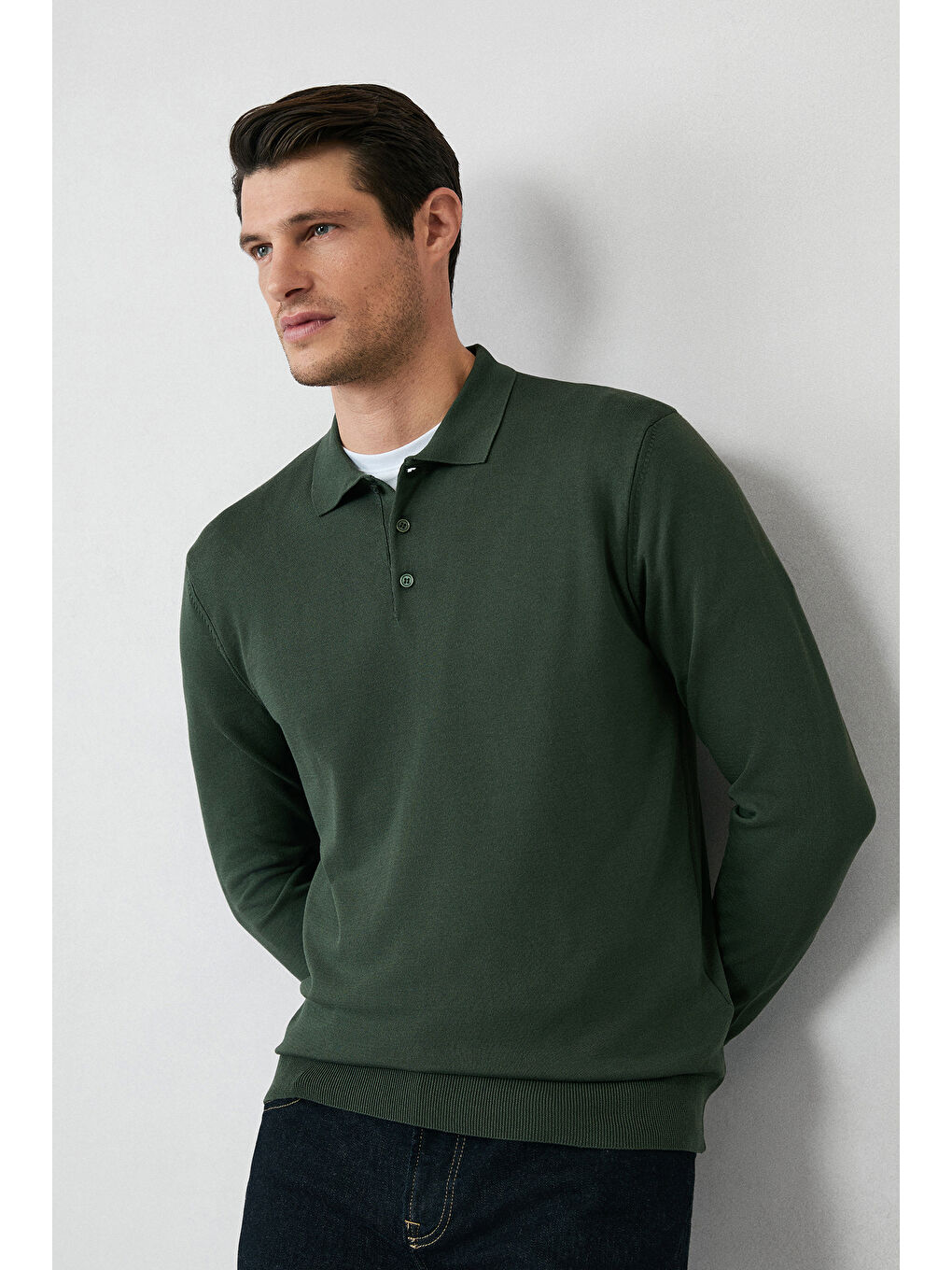 Haki Regular Fit Düğmeli Polo Yaka Triko Kazak-1