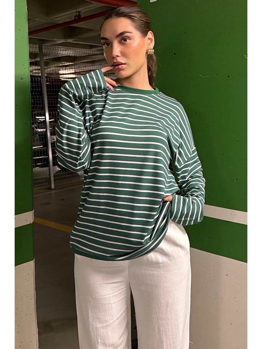 Yeşil Çizgili Sweatshirt Mg2572-1