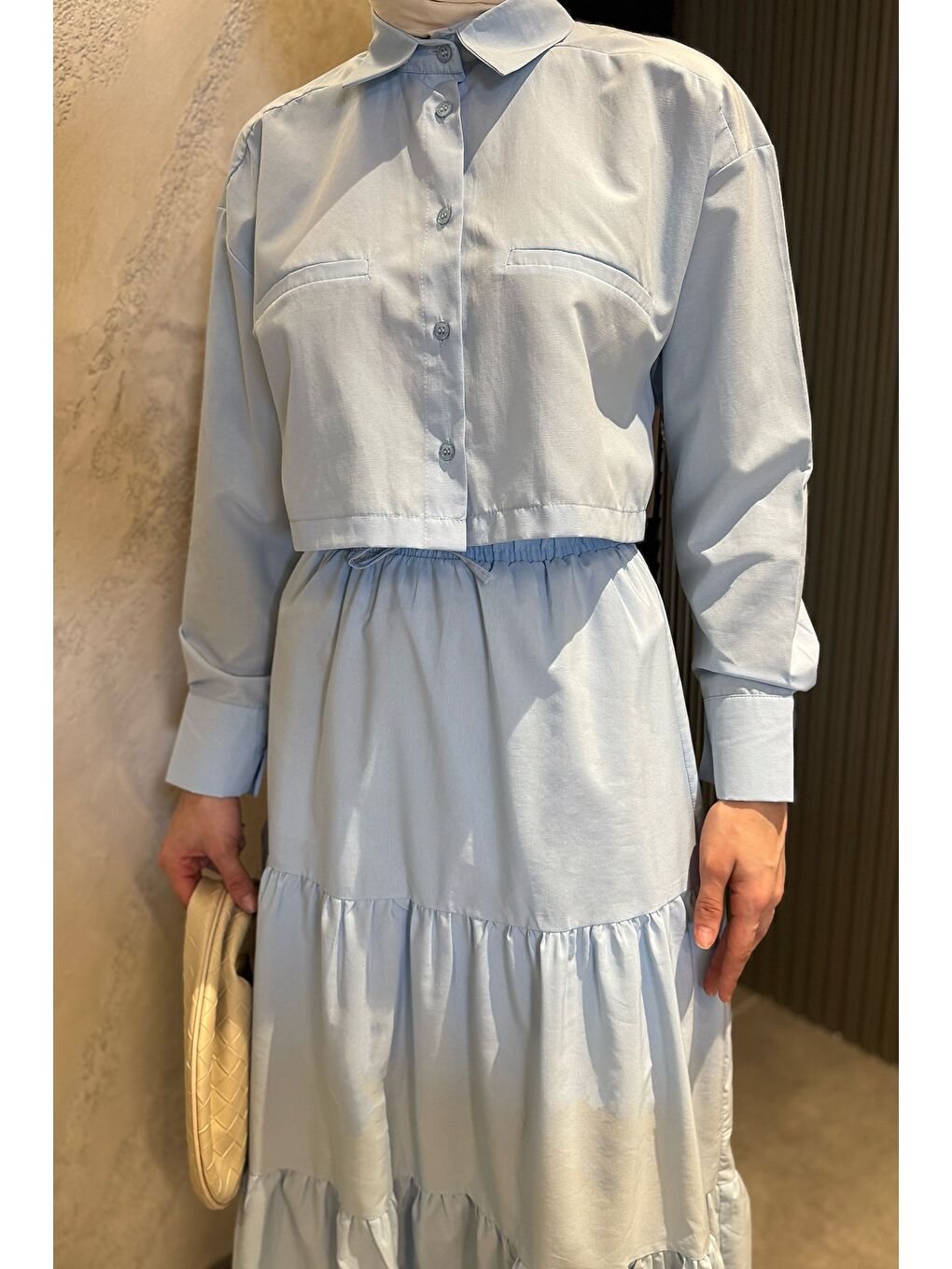 Mavi Kadın Bel Lastikli Pileli Katlı Tesettür Etek-5