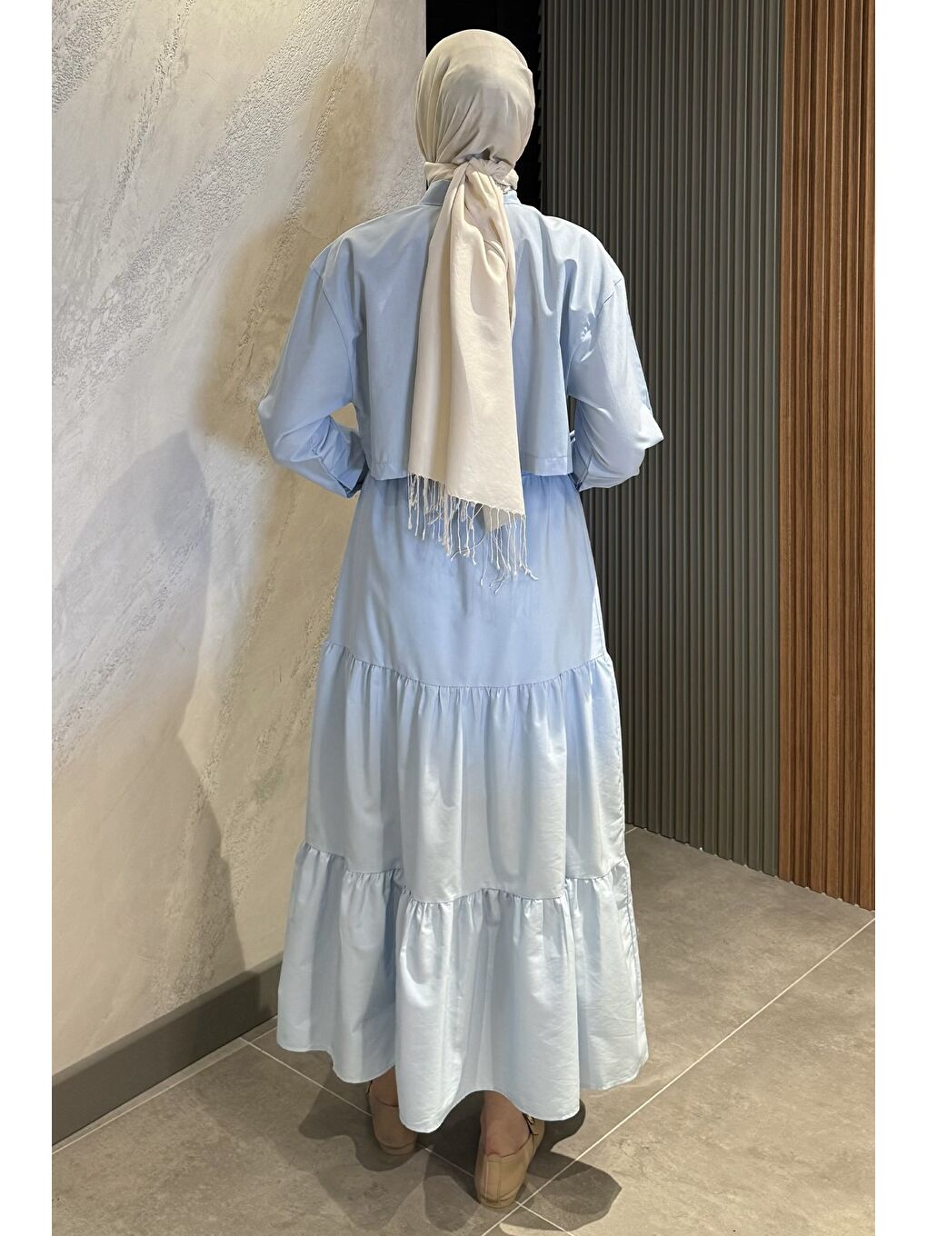 Mavi Kadın Bel Lastikli Pileli Katlı Tesettür Etek-6