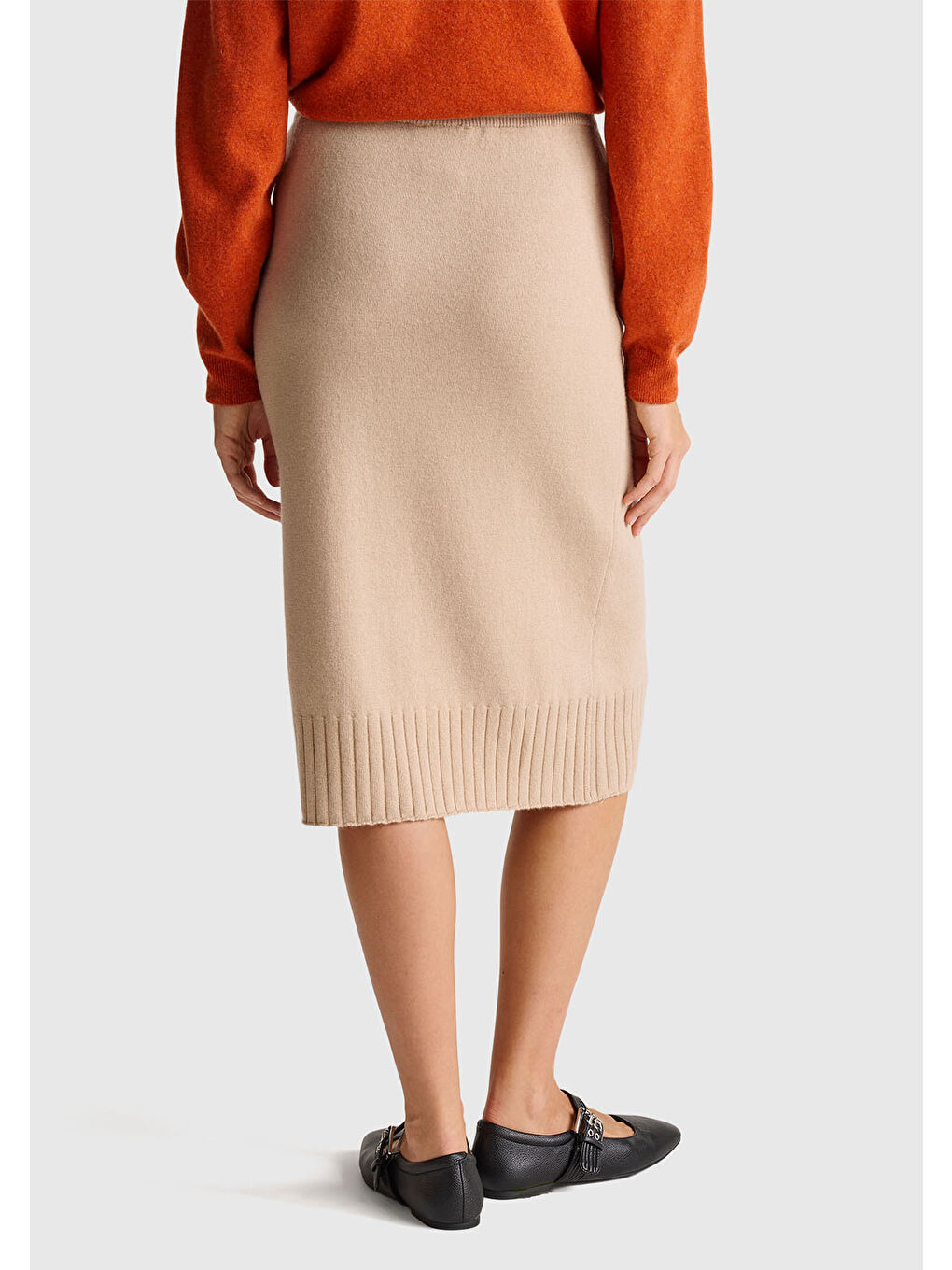 Kadın Bej Pamuk ve Yün Karışımlı Ribana Detaylı Bağcıklı Örme Etek-2