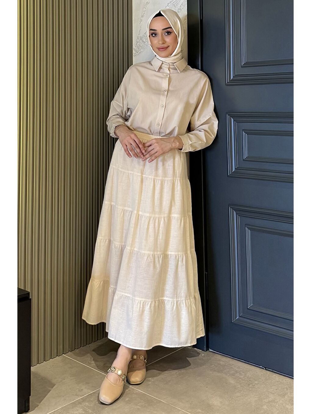 Bej Kadın Bel Lastikli Katlı Ve Pileli Tesettür Etek-3