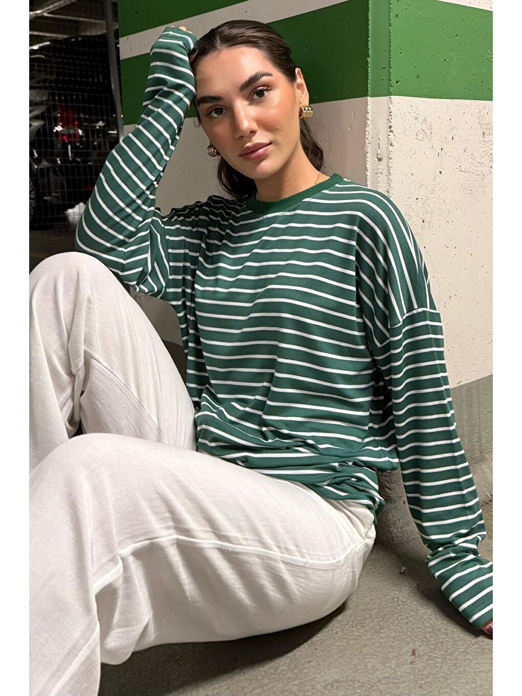 Yeşil Çizgili Sweatshirt Mg2572-3