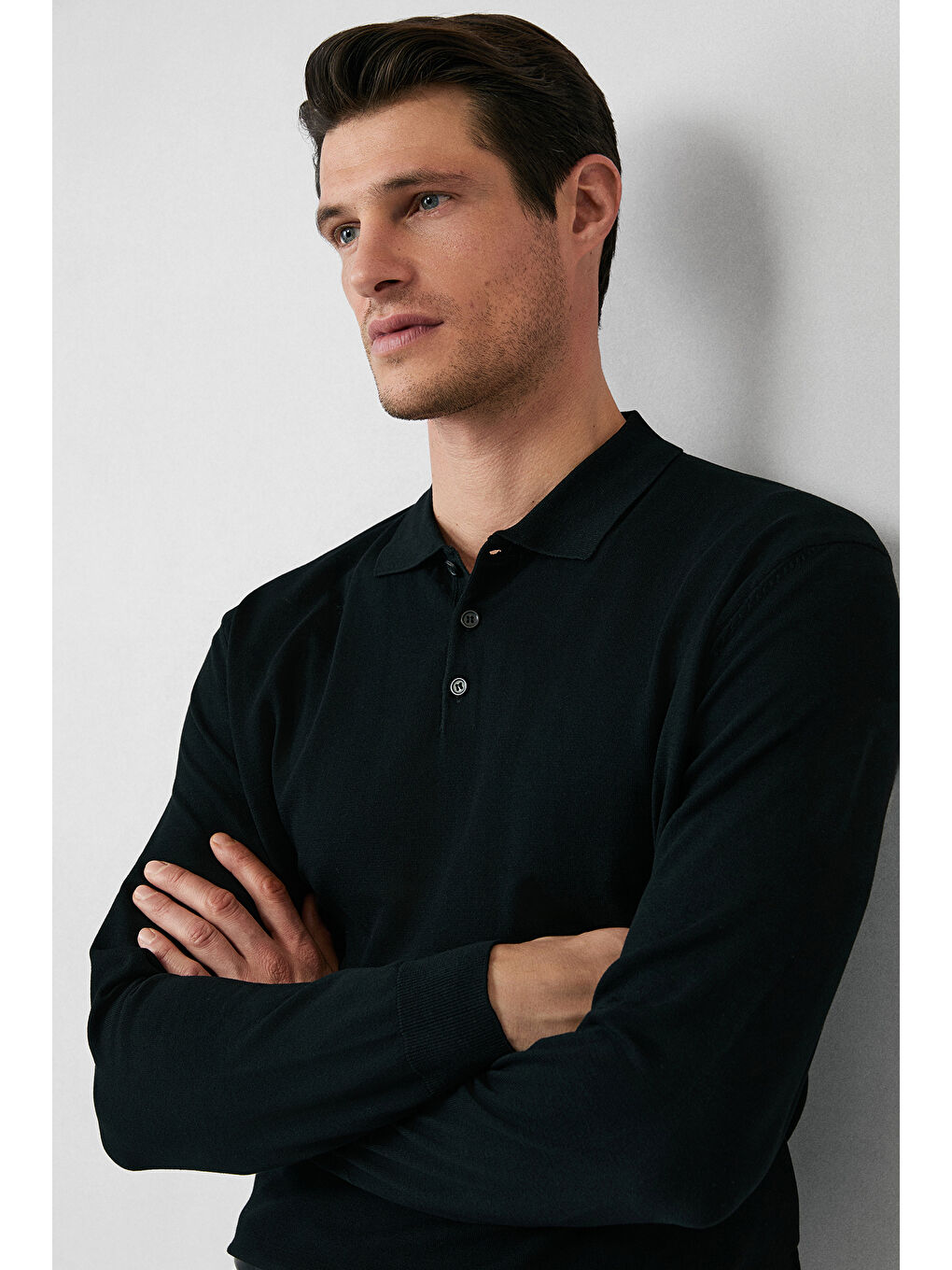 Siyah Regular Fit Düğmeli Polo Yaka Triko Kazak-2