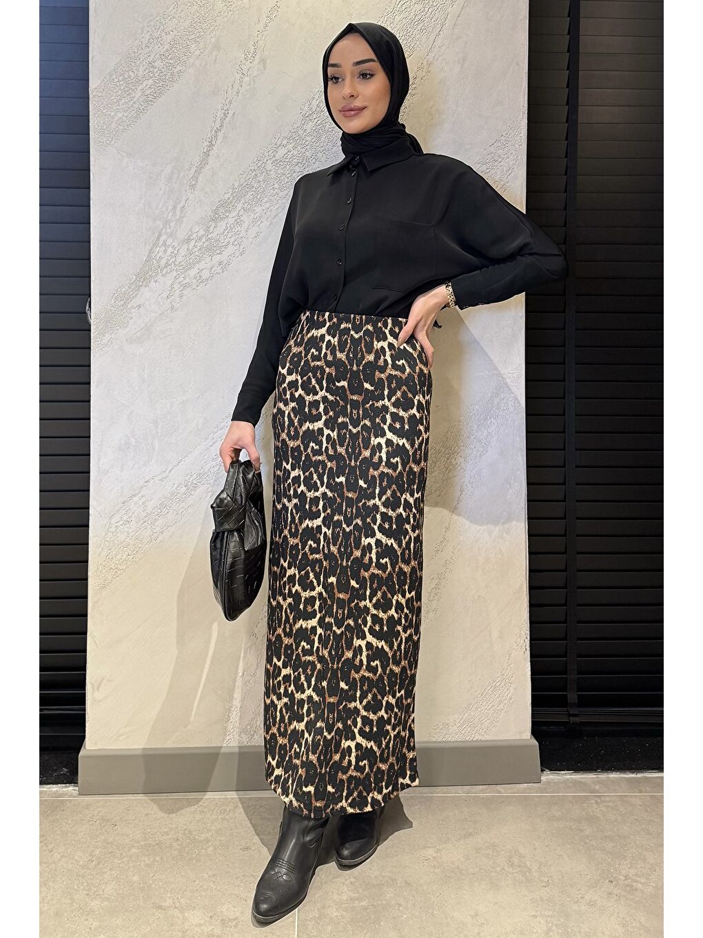 Siyah Kadın Leopar Desenli Bel Lastikli Bürümcük Tesettür Etek