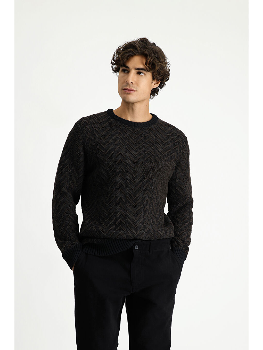 Kahverengi Bisiklet Yaka Oversize Ekstra Rahat Kesim Pamuklu Desenli Triko Kazak-3