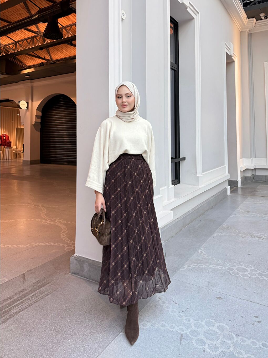 Kadın Ekose Desen Bel Lastik Detay Şifon Etek Kahverengi-2