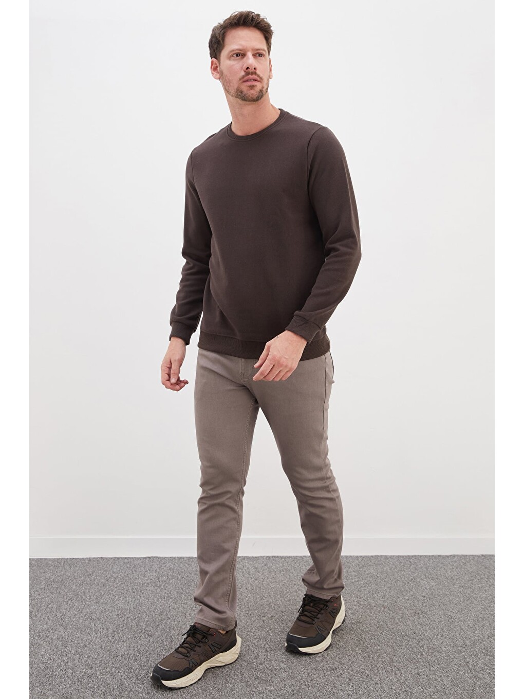 Kahverengi Fitilli Bisiklet Yaka Selanik Örgü Sweatshirt-1