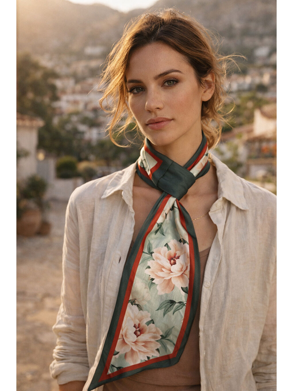 Yeşil Çiçek Desenli Boyun Fuları FLR1022 YESIL-1