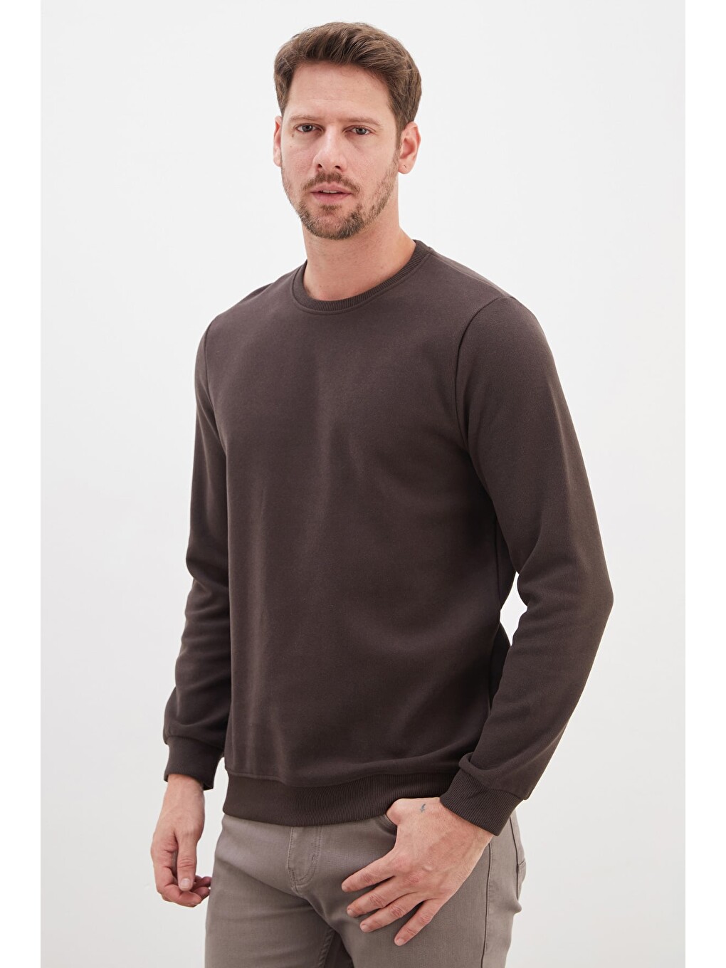 Kahverengi Fitilli Bisiklet Yaka Selanik Örgü Sweatshirt-3