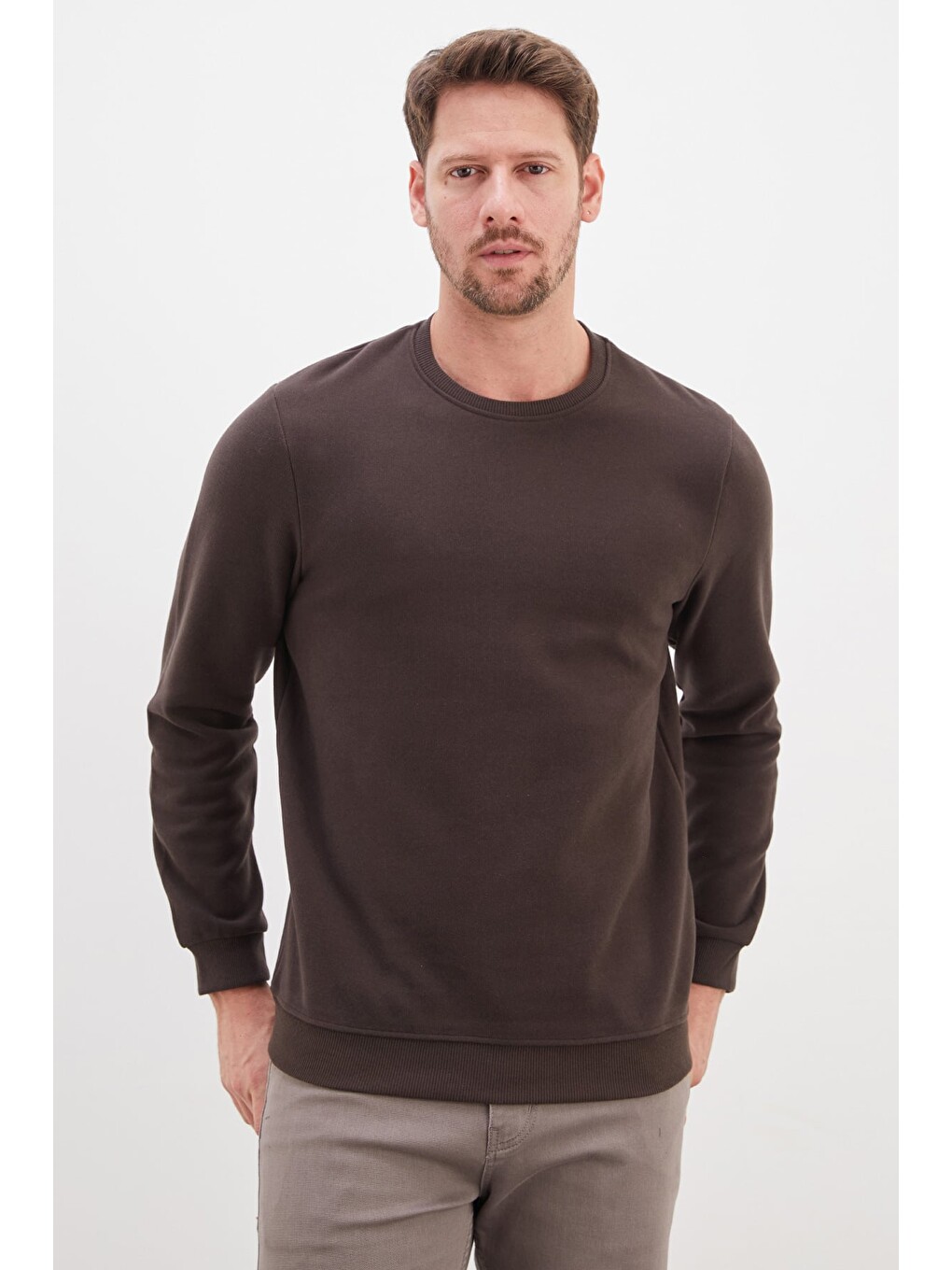 Kahverengi Fitilli Bisiklet Yaka Selanik Örgü Sweatshirt-4