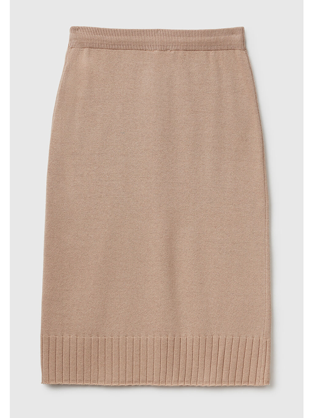 Kadın Bej Pamuk ve Yün Karışımlı Ribana Detaylı Bağcıklı Örme Etek-3