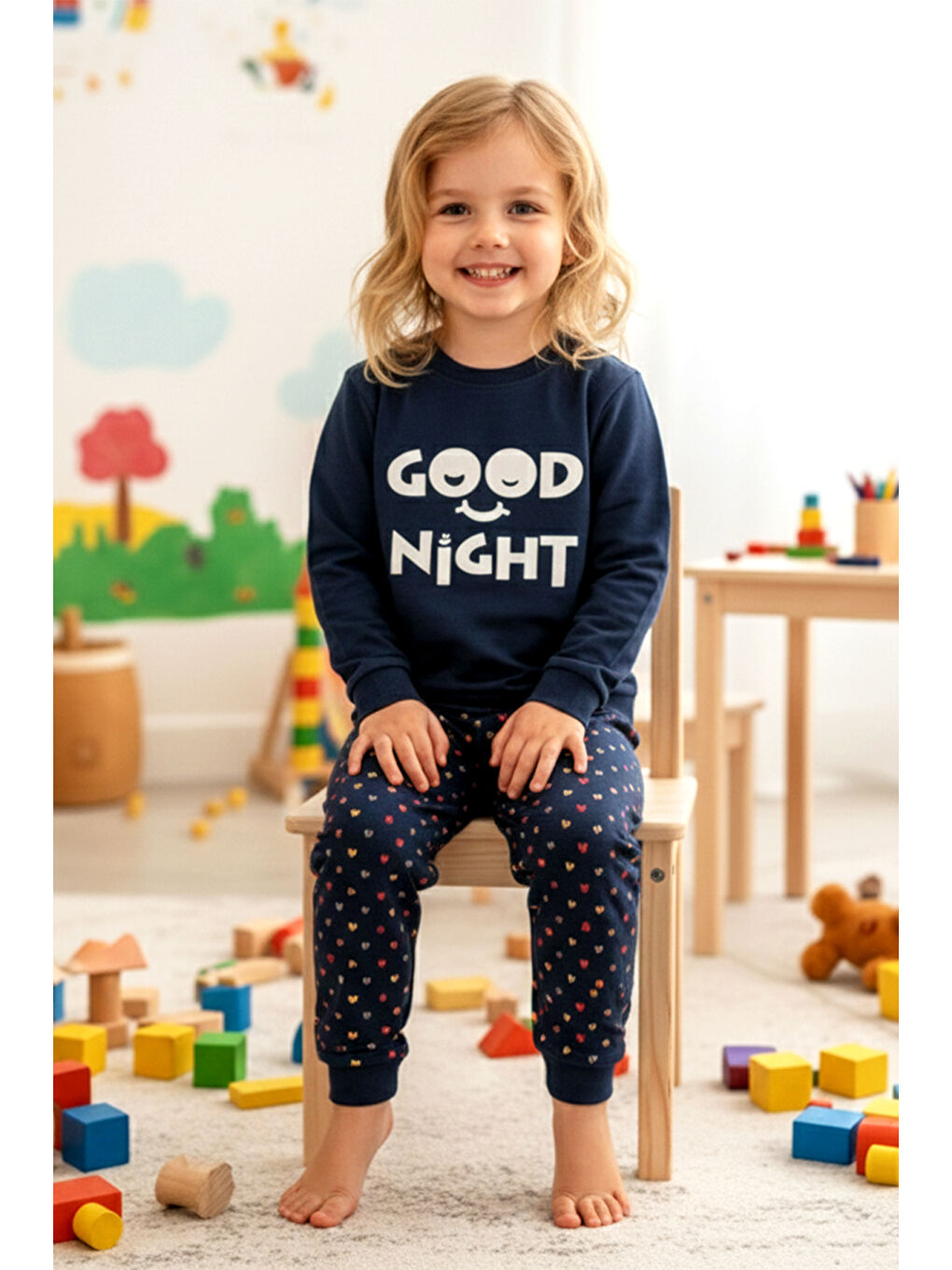 Kız Çocuk Pamuklu Desenli Pijama Takımı 250575 Lacivert01