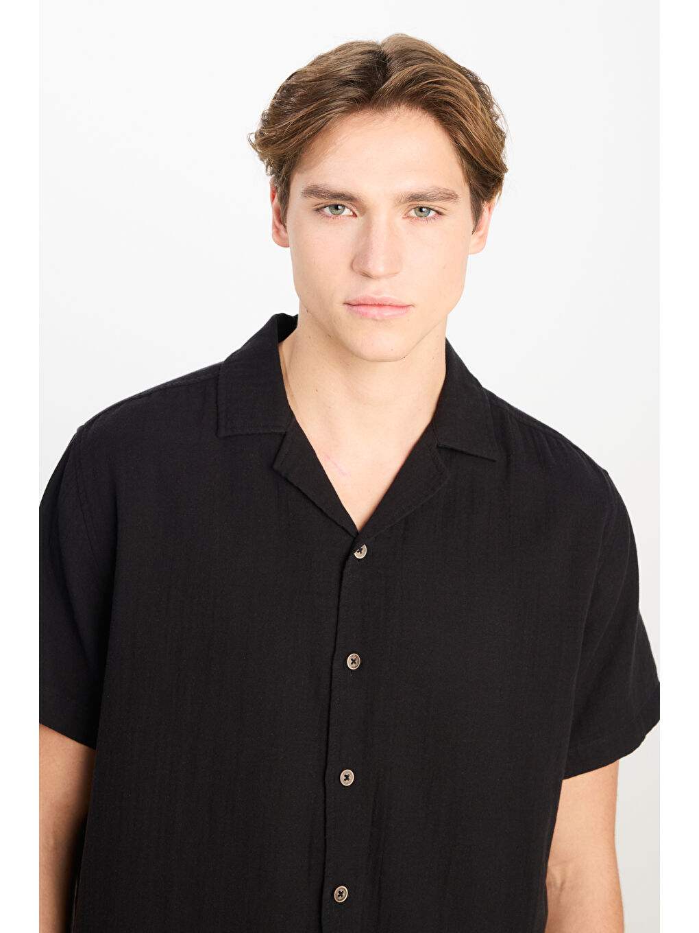 %100 Pamuk Relaxed Fit Geniş Kesim Siyah Müslin Gömlek-4