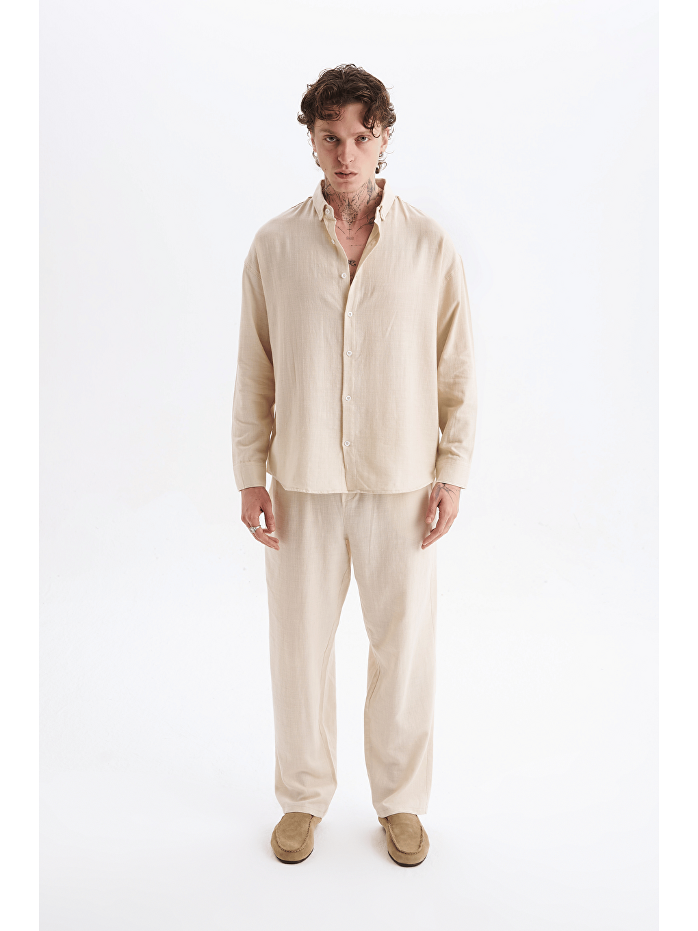Erkek %100 Pamuklu Keten Görünümlü Pantolon Gömlek Takım Bej