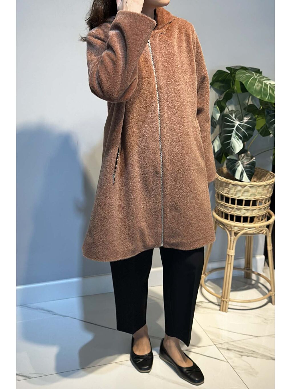 Kahverengi Büyük Beden Fermuar Detay Kap Ceket 2590 Camel-3