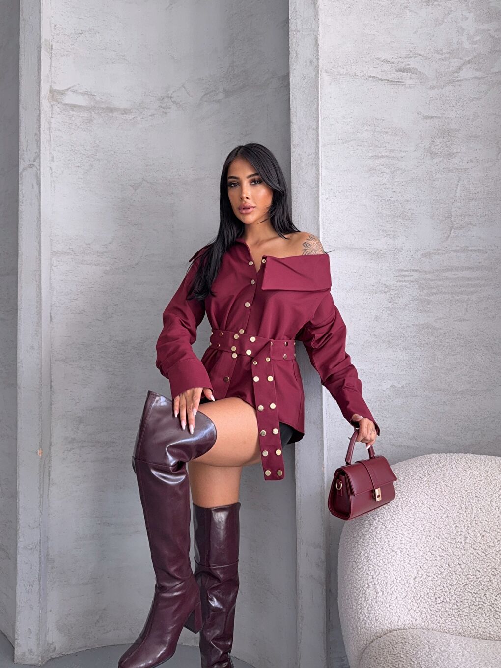 Çıtçıtlı Kemerli Bordo Gömlek-3