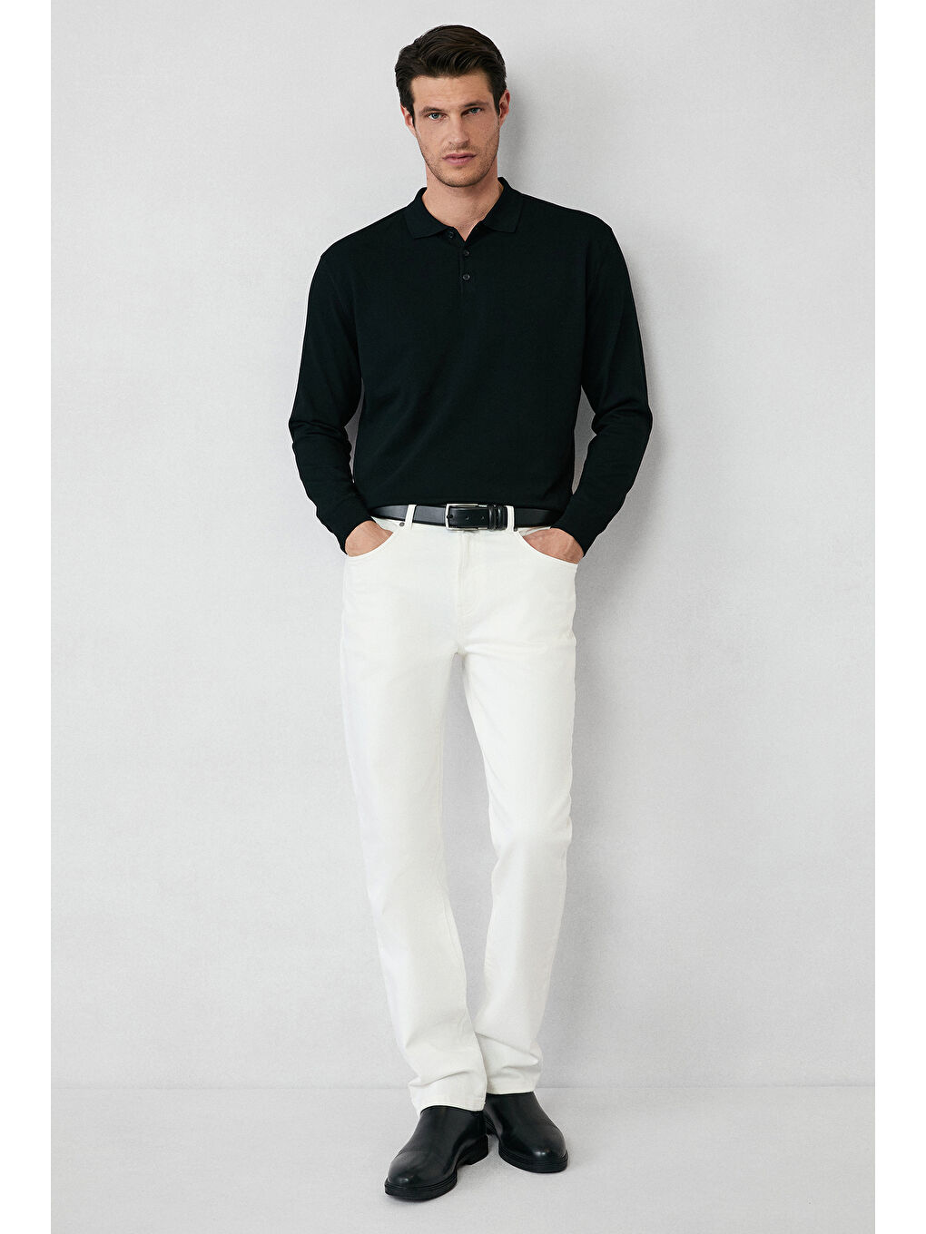 Siyah Regular Fit Düğmeli Polo Yaka Triko Kazak-3