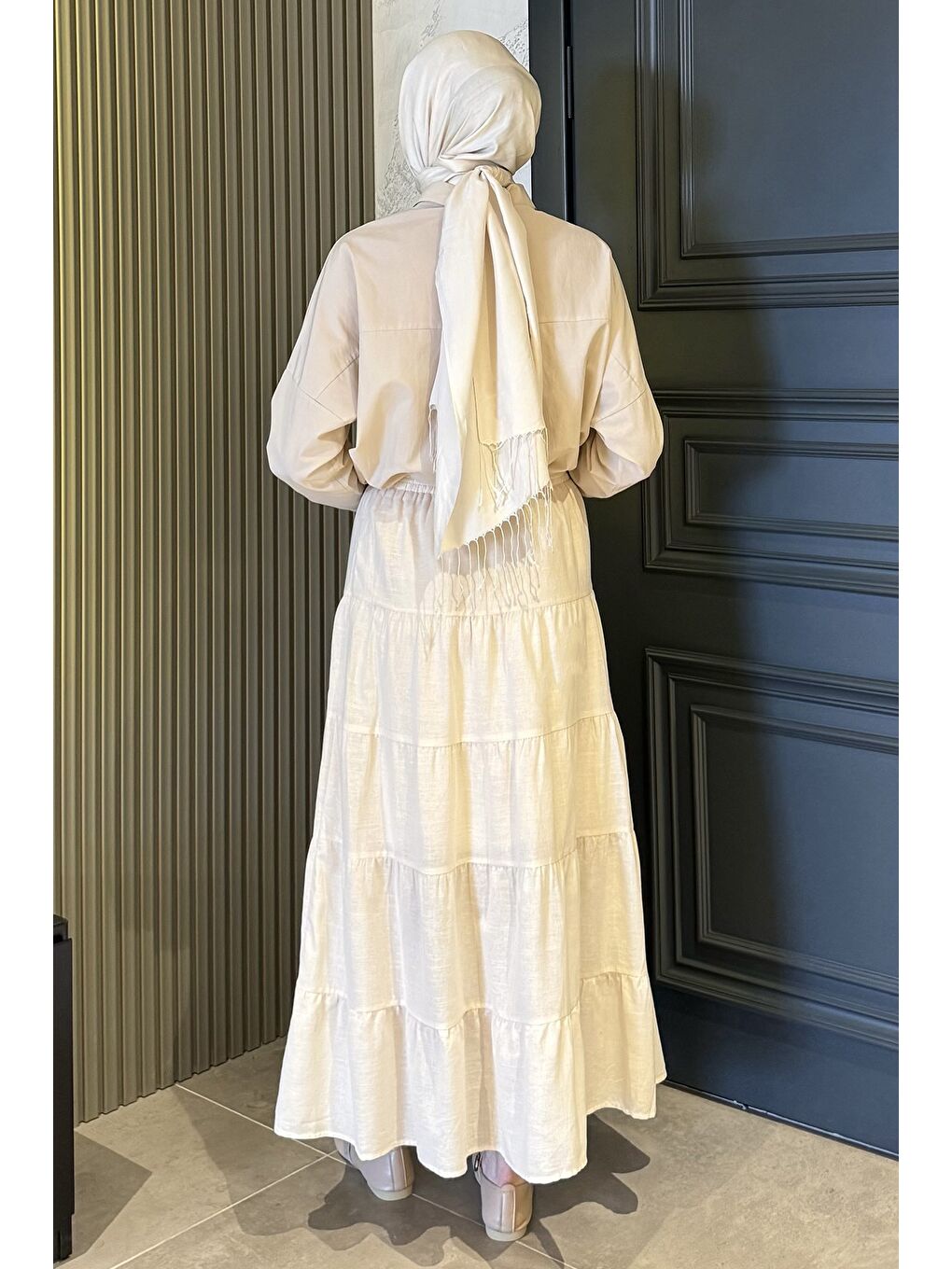 Bej Kadın Bel Lastikli Katlı Ve Pileli Tesettür Etek-6