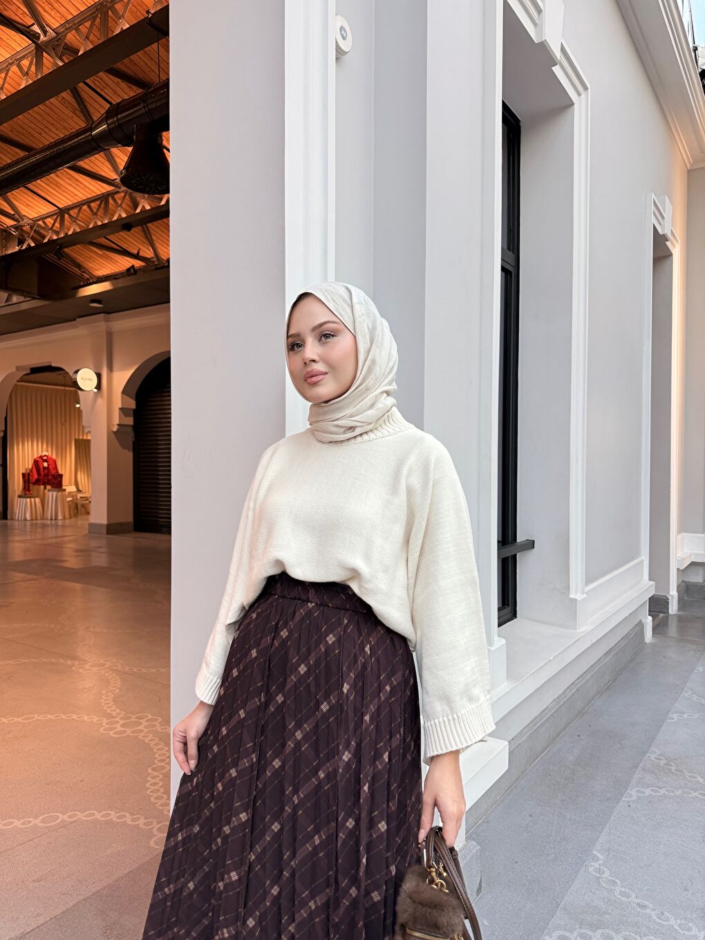 Kadın Ekose Desen Bel Lastik Detay Şifon Etek Kahverengi-3