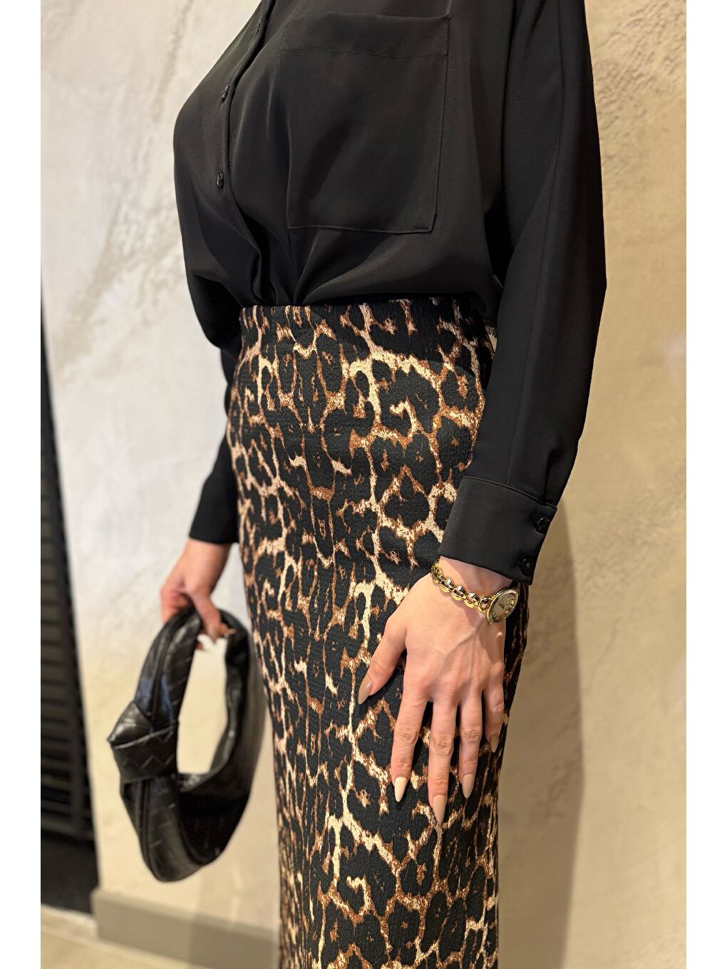 Siyah Kadın Leopar Desenli Bel Lastikli Bürümcük Tesettür Etek-2