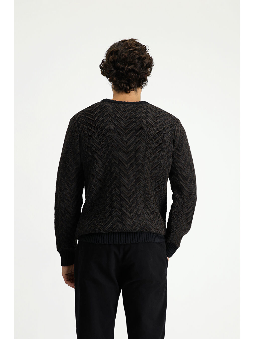 Kahverengi Bisiklet Yaka Oversize Ekstra Rahat Kesim Pamuklu Desenli Triko Kazak-4