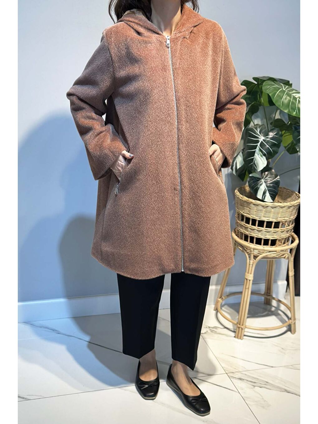 Kahverengi Büyük Beden Fermuar Detay Kap Ceket 2590 Camel-4