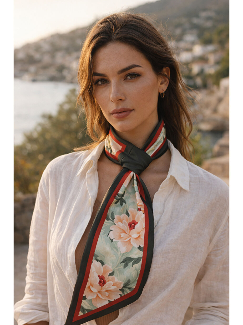 Yeşil Çiçek Desenli Boyun Fuları FLR1022 YESIL-2