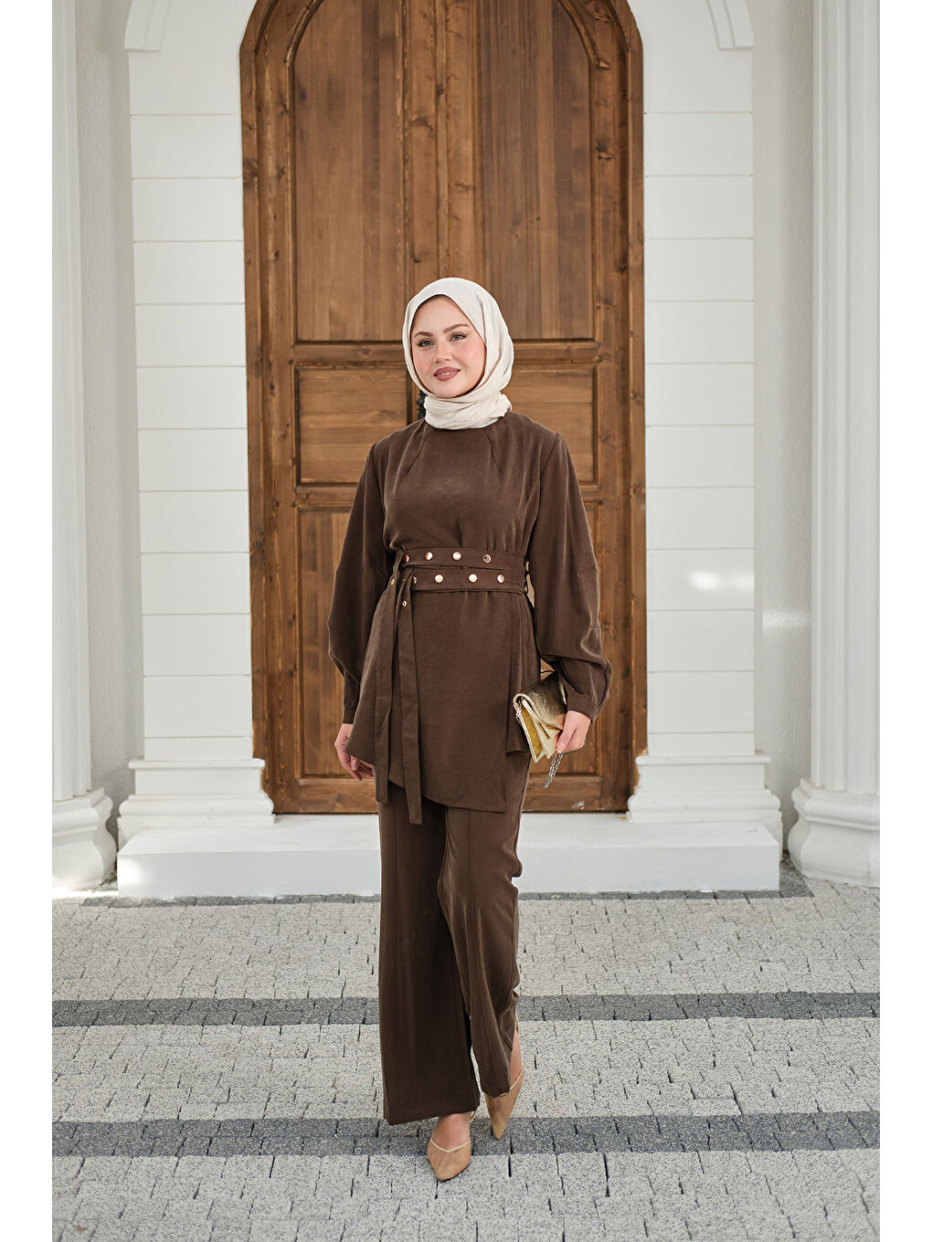 Kadın Gold Çıtçıt Kemerli Pantolonlu Takım Kahverengi-4