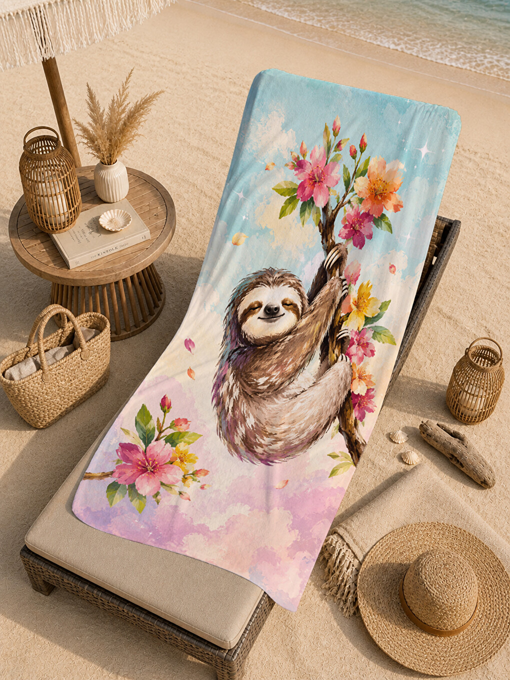 Yeşil Pastel Suluboya Sevimli Tembel Hayvan Çiçekli Desenli 70x150 Plaj Havlusu - Pamuklu Banyo Havlusu-4