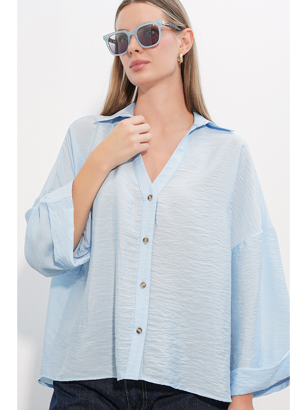 Kadın Geniş Kol Oversize Gömlek 20401 - Mavi-3