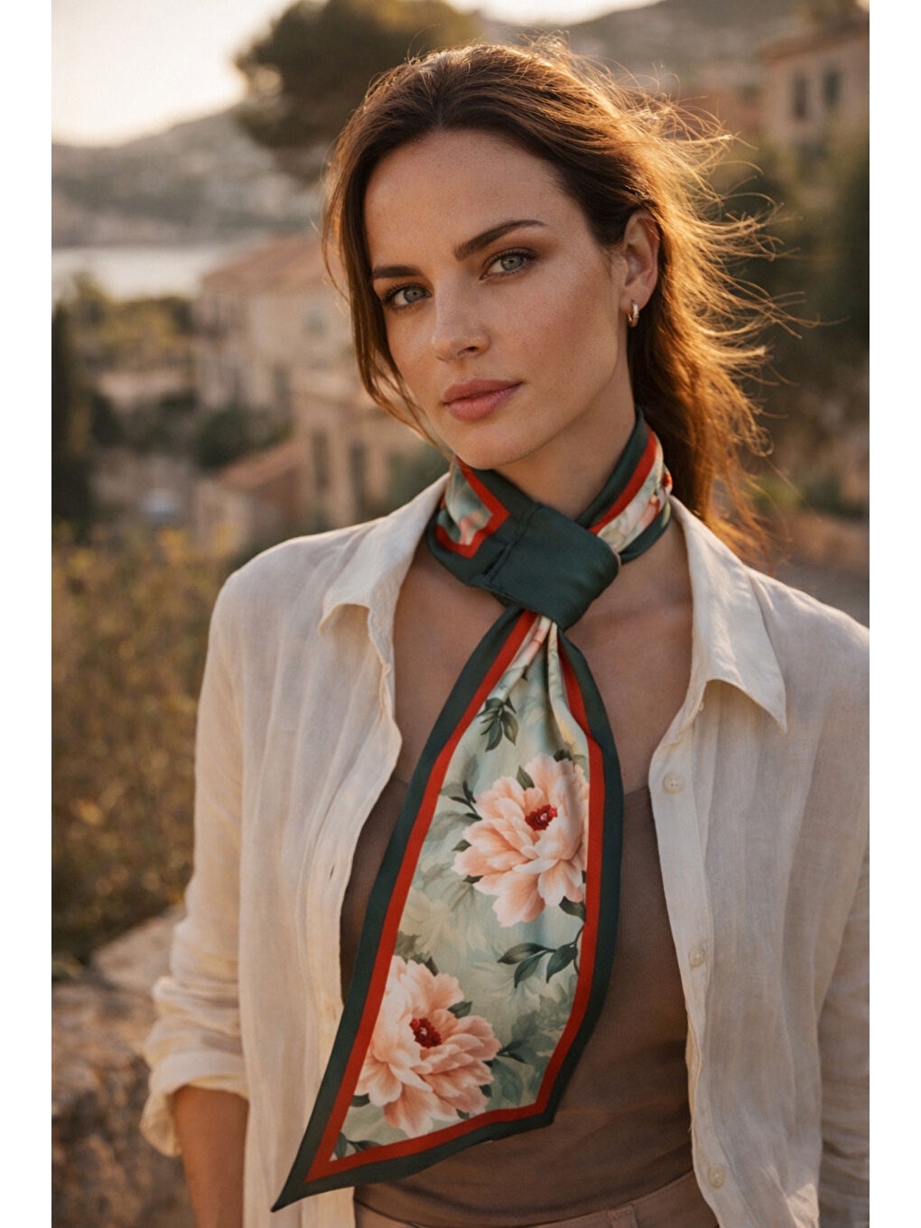 Yeşil Çiçek Desenli Boyun Fuları FLR1022 YESIL-3