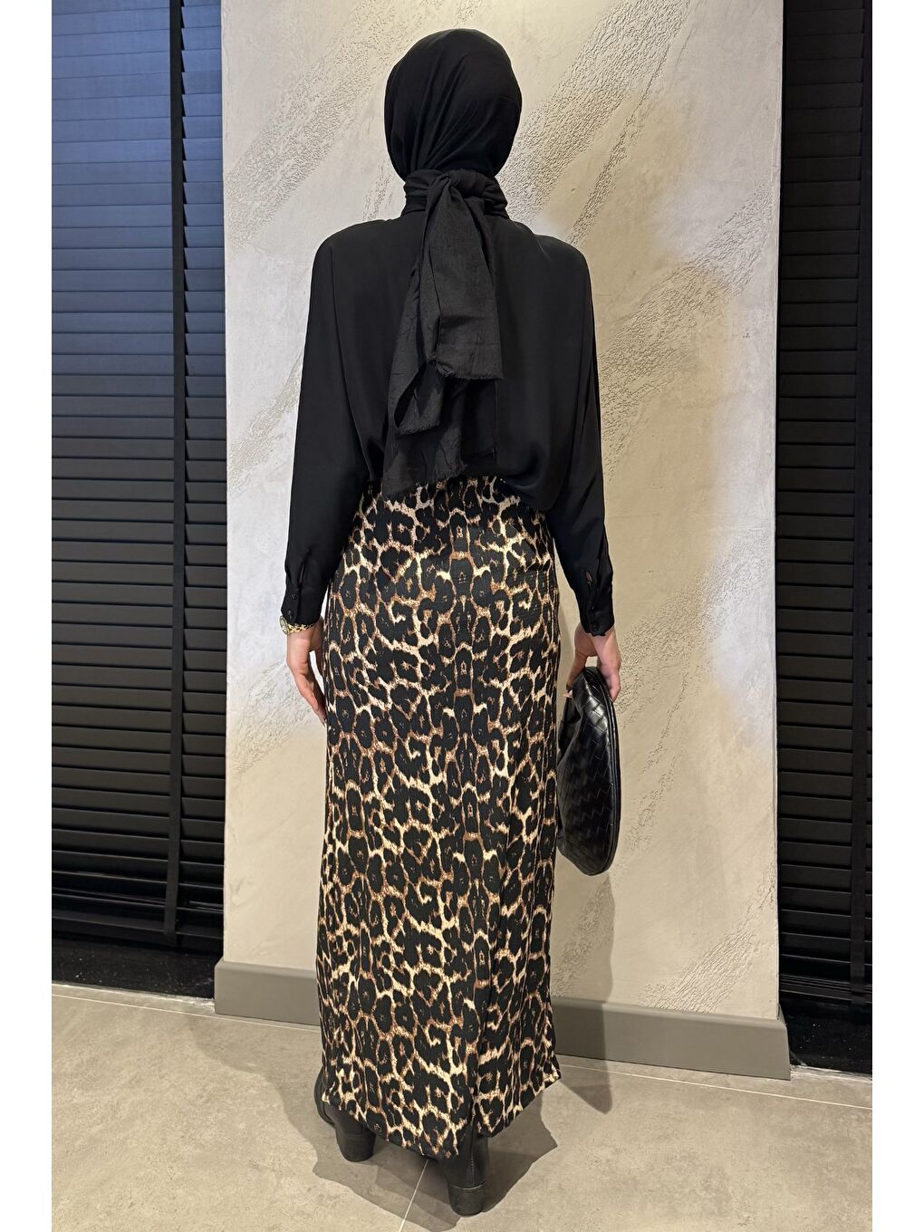 Siyah Kadın Leopar Desenli Bel Lastikli Bürümcük Tesettür Etek-5