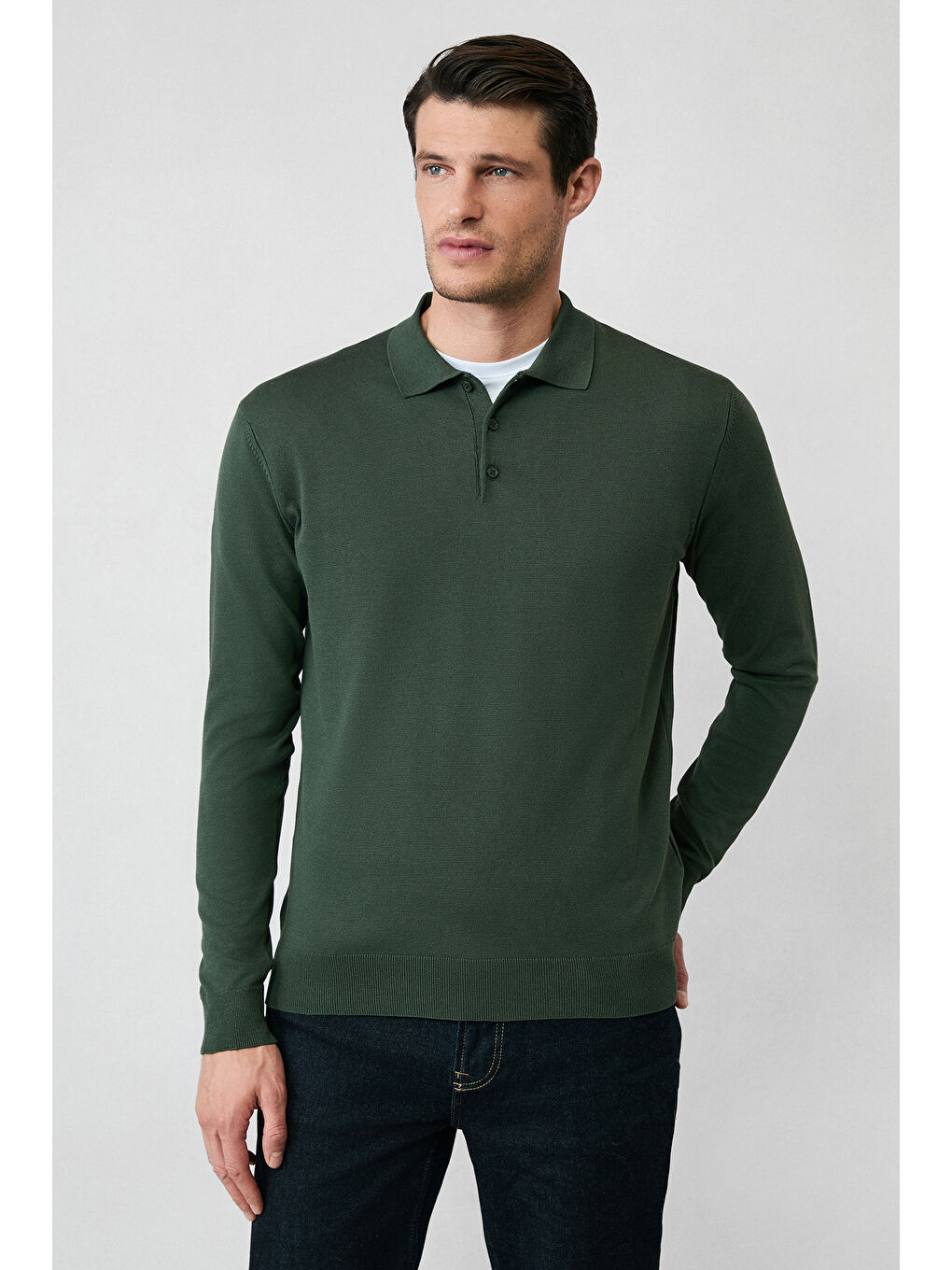 Haki Regular Fit Düğmeli Polo Yaka Triko Kazak-3