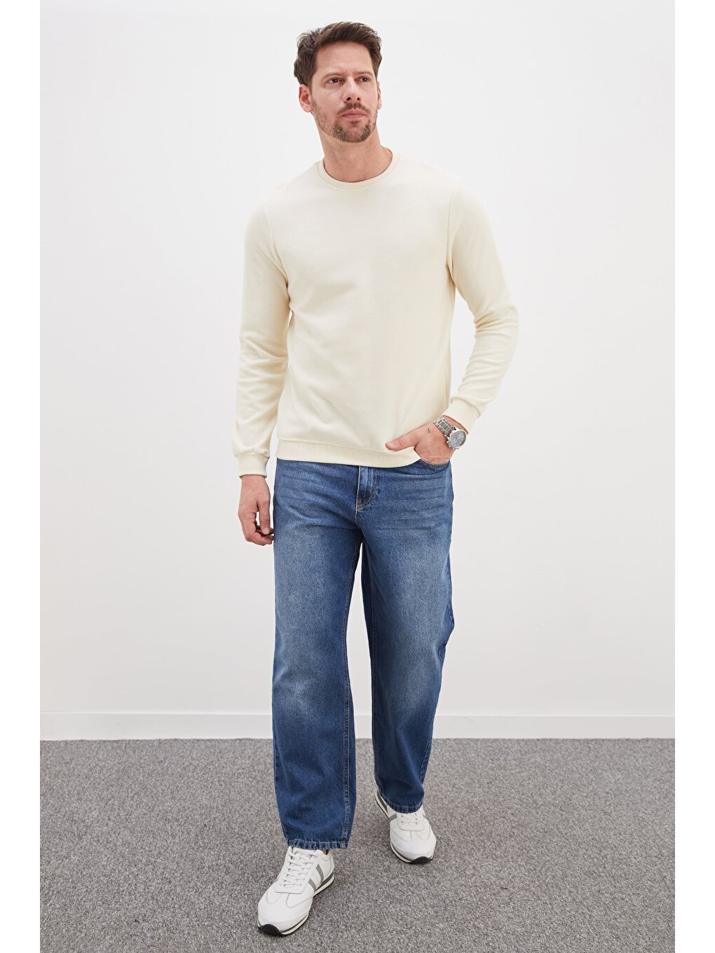 Ekru Fitilli Bisiklet Yaka Selanik Örgü Sweatshirt-1