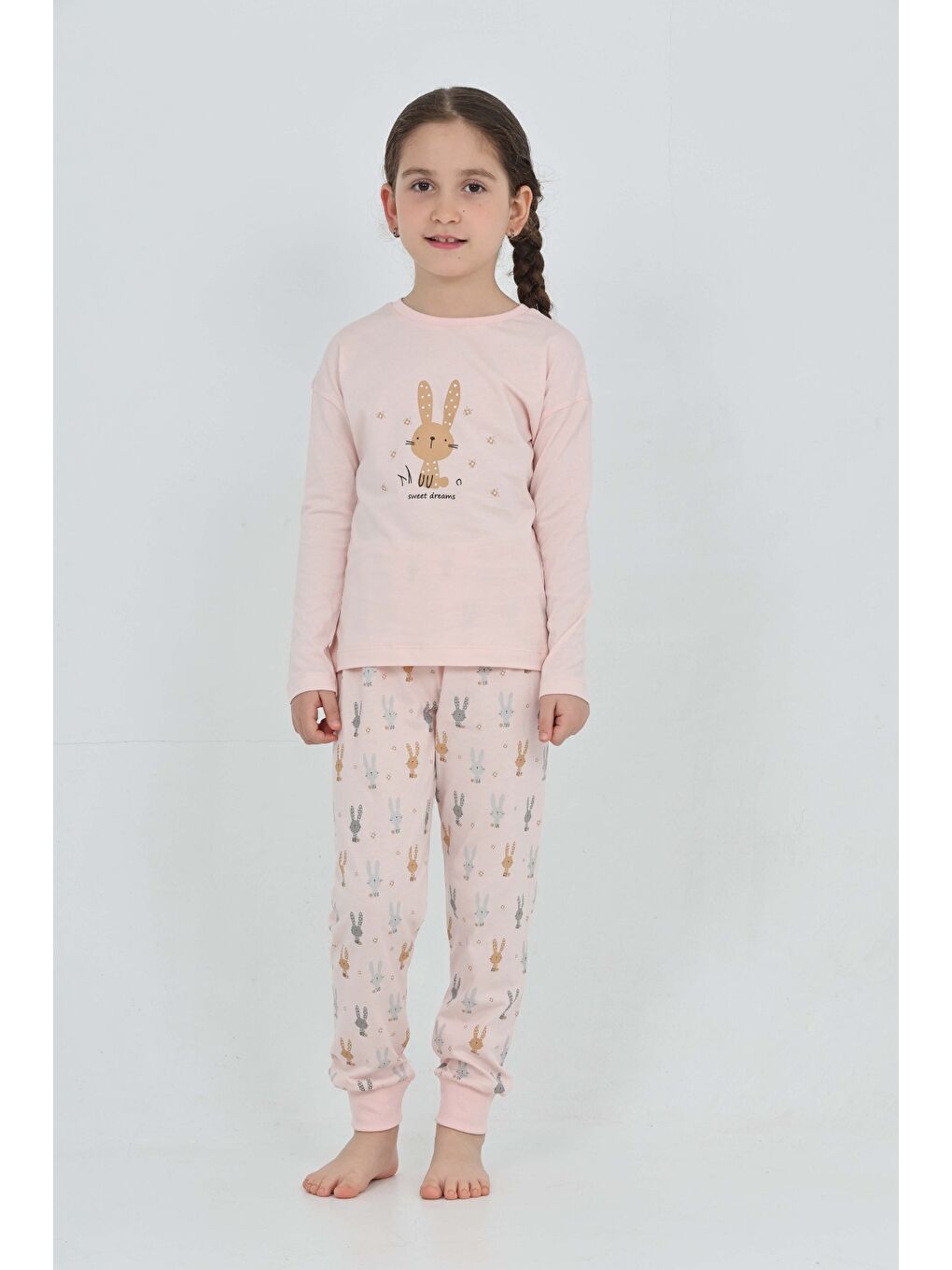 Pembe Kız Çocuk Tavşan Baskılı Pijama Takım