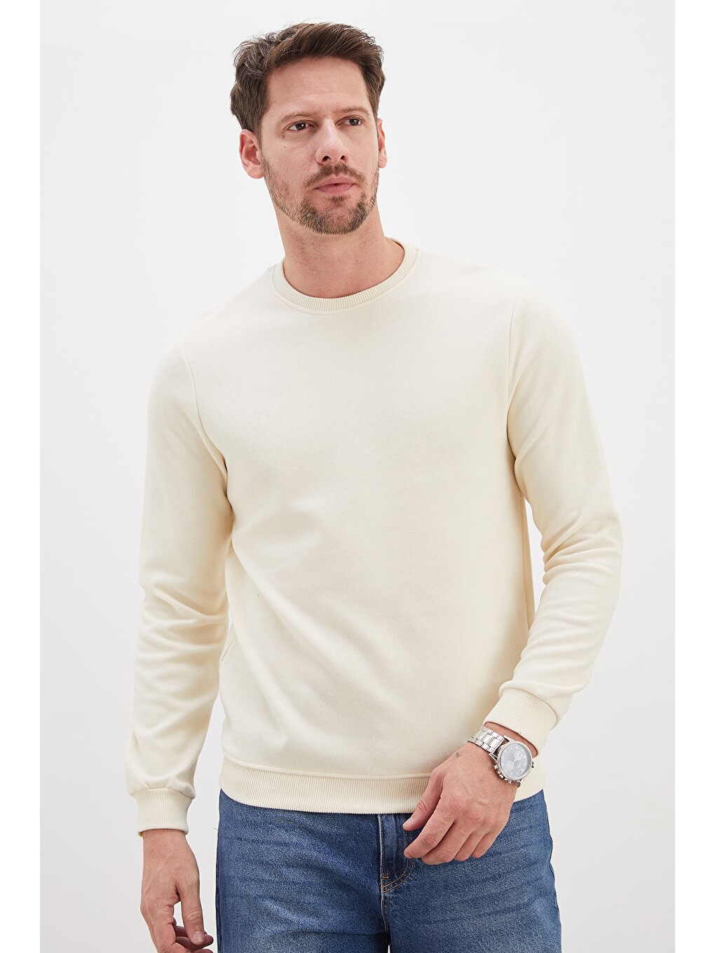 Ekru Fitilli Bisiklet Yaka Selanik Örgü Sweatshirt-2