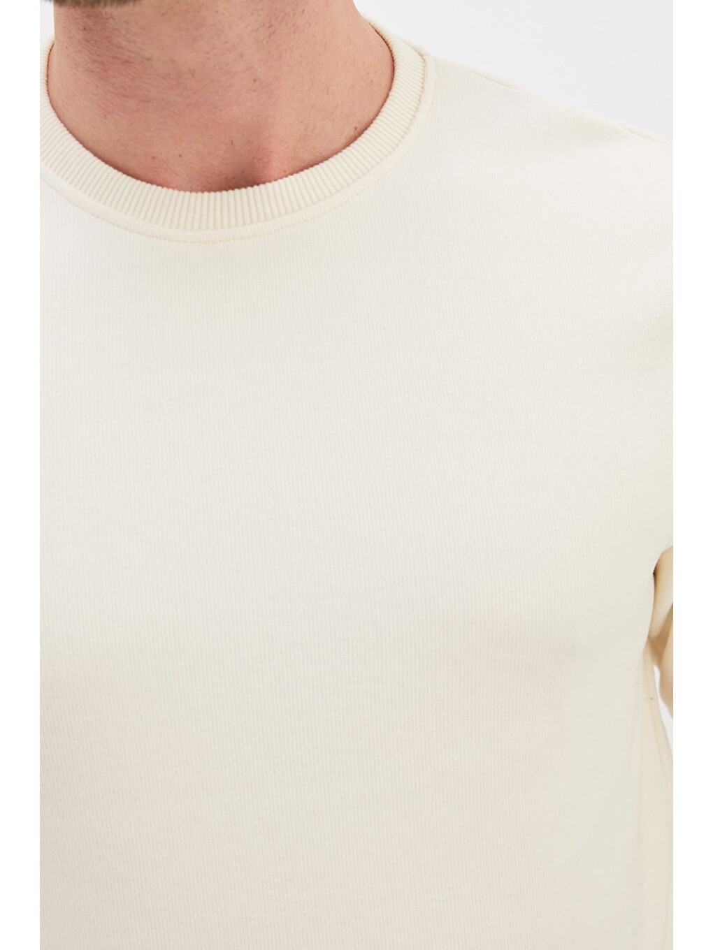 Ekru Fitilli Bisiklet Yaka Selanik Örgü Sweatshirt-3
