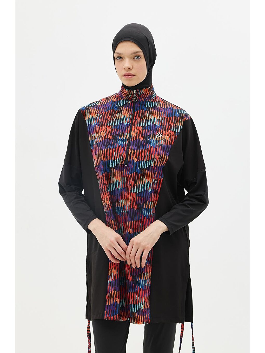 Desenli Rahat Kesim 4'Lü Tesettür Mayo 6052 Siyah-3