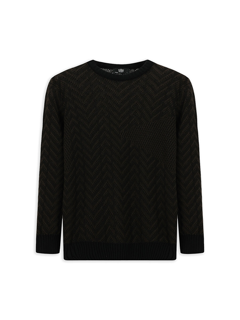 Kahverengi Bisiklet Yaka Oversize Ekstra Rahat Kesim Pamuklu Desenli Triko Kazak-6