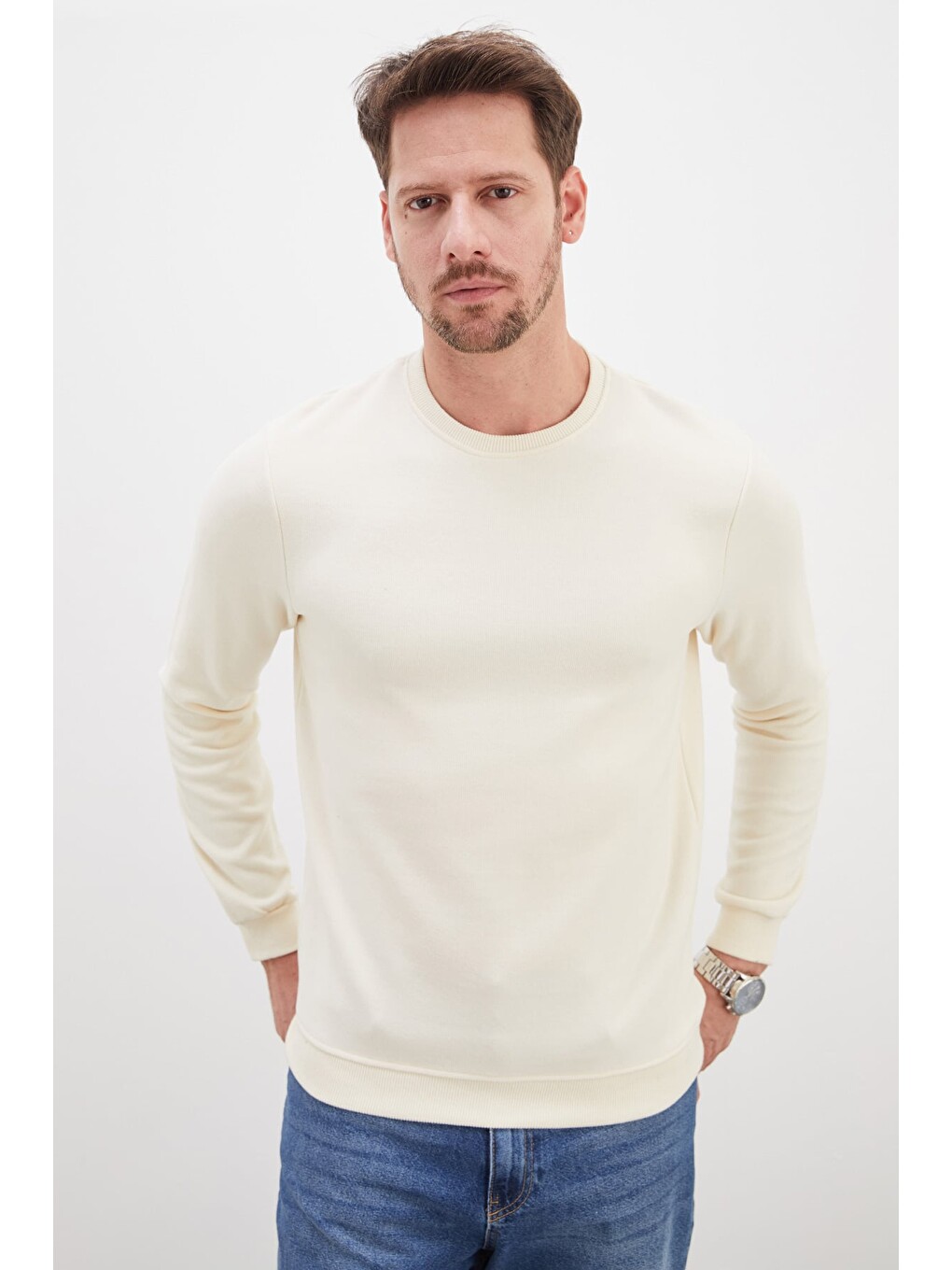 Ekru Fitilli Bisiklet Yaka Selanik Örgü Sweatshirt-4