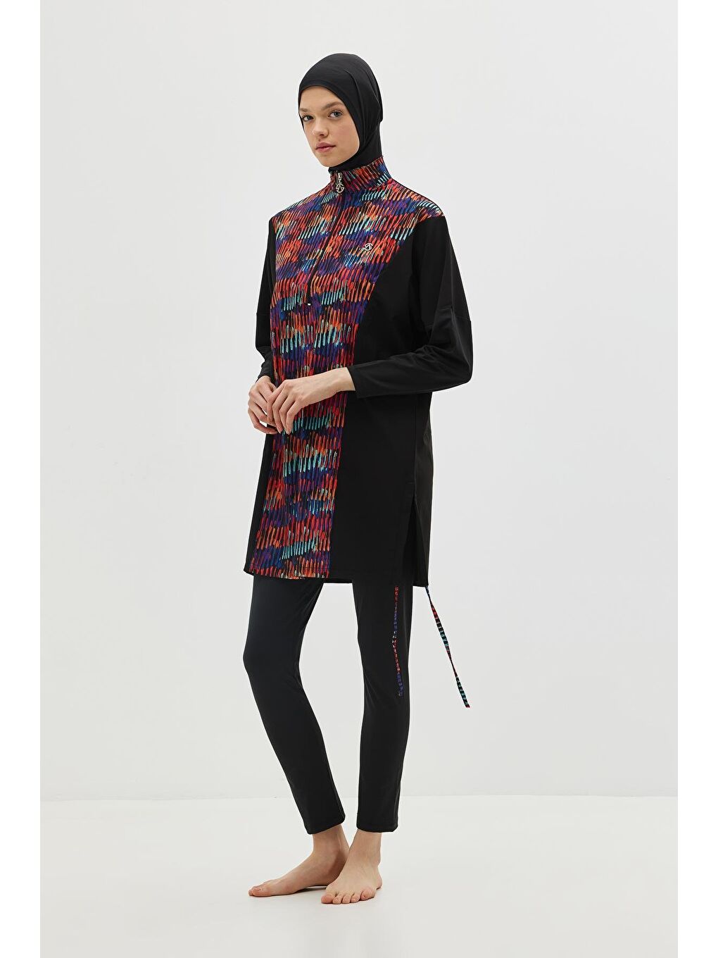 Desenli Rahat Kesim 4'Lü Tesettür Mayo 6052 Siyah-4