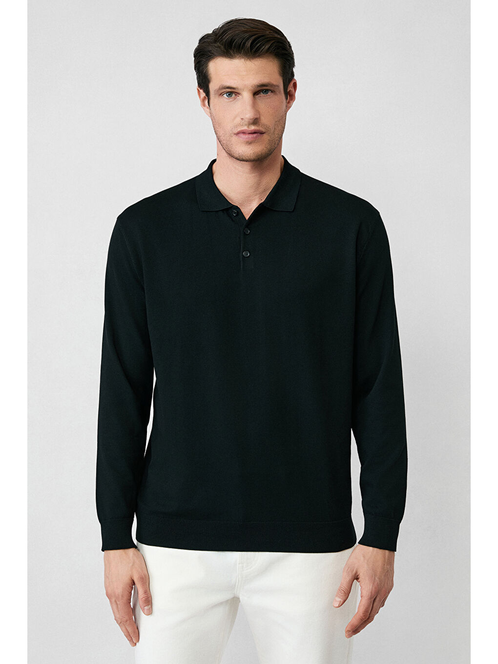 Siyah Regular Fit Düğmeli Polo Yaka Triko Kazak-5