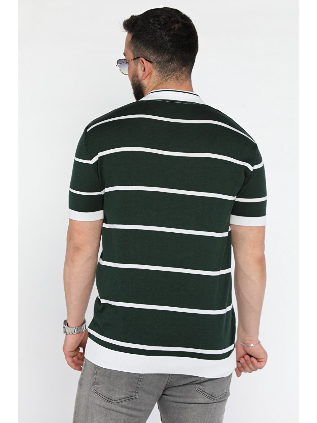 Yeşil Erkek Polo Yaka Çizgi Desenli Triko Tişört-2