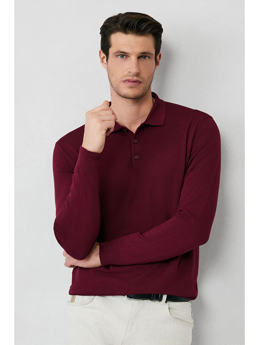 Bordo Regular Fit Düğmeli Polo Yaka Triko Kazak-2
