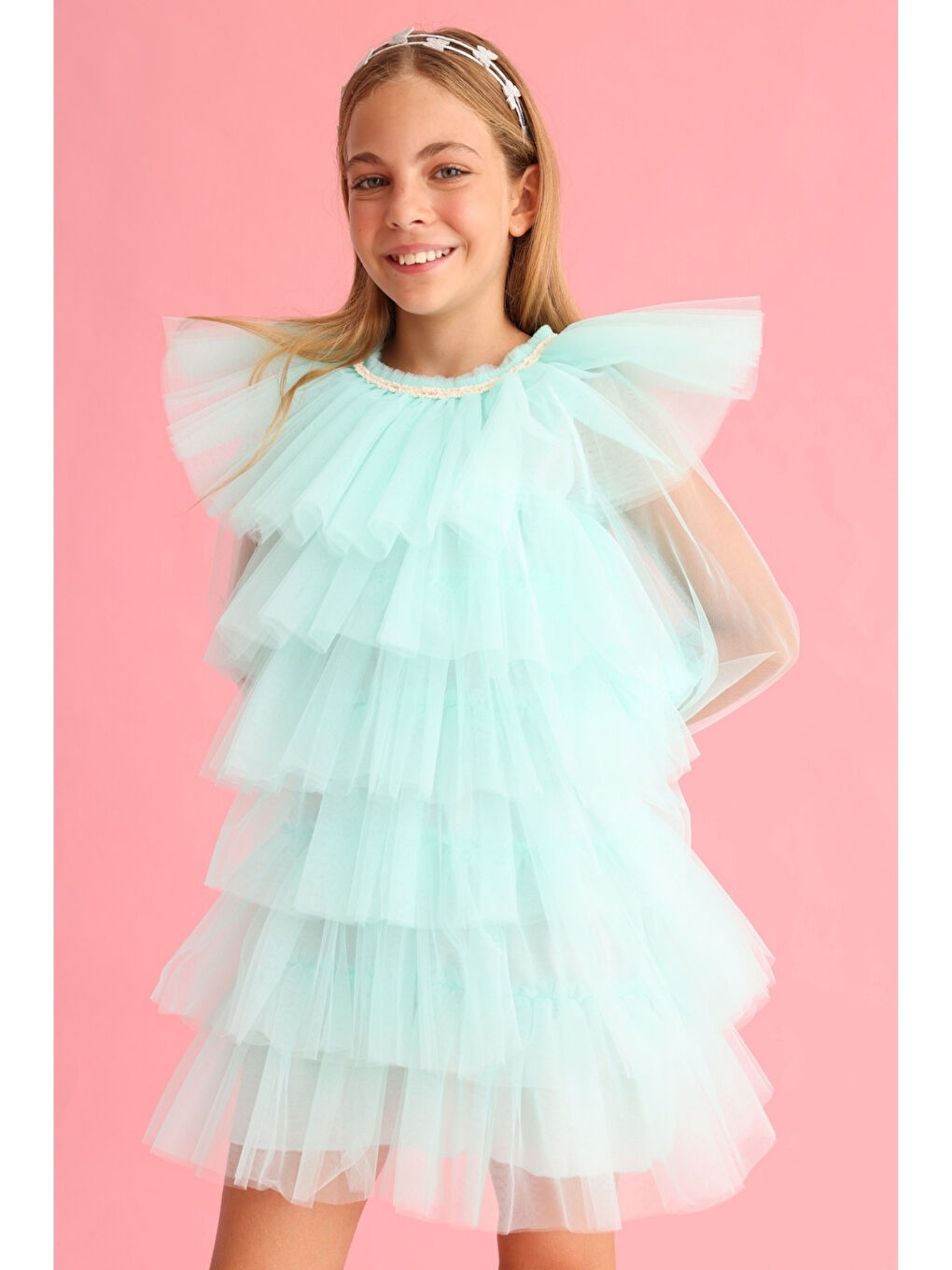 Yeşil Mint Kat Kat Kız Çocuk Tül Elbise - Laura-1