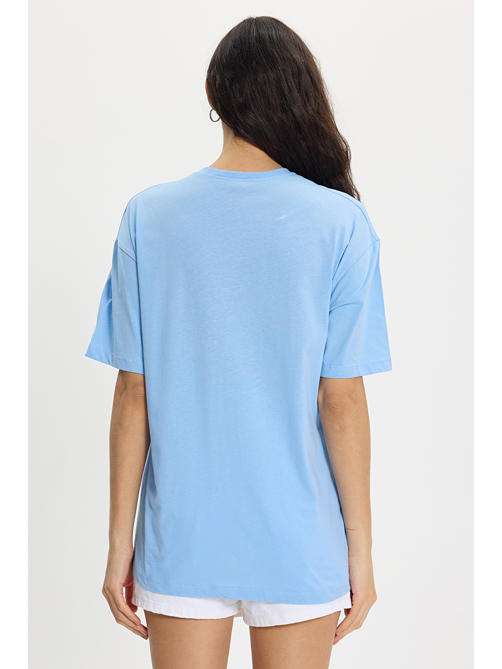 Kadın Slim Fit Dar Kesim %100 Pamuk Kısa Kollu Bisiklet Yaka Mavi Tişört-5