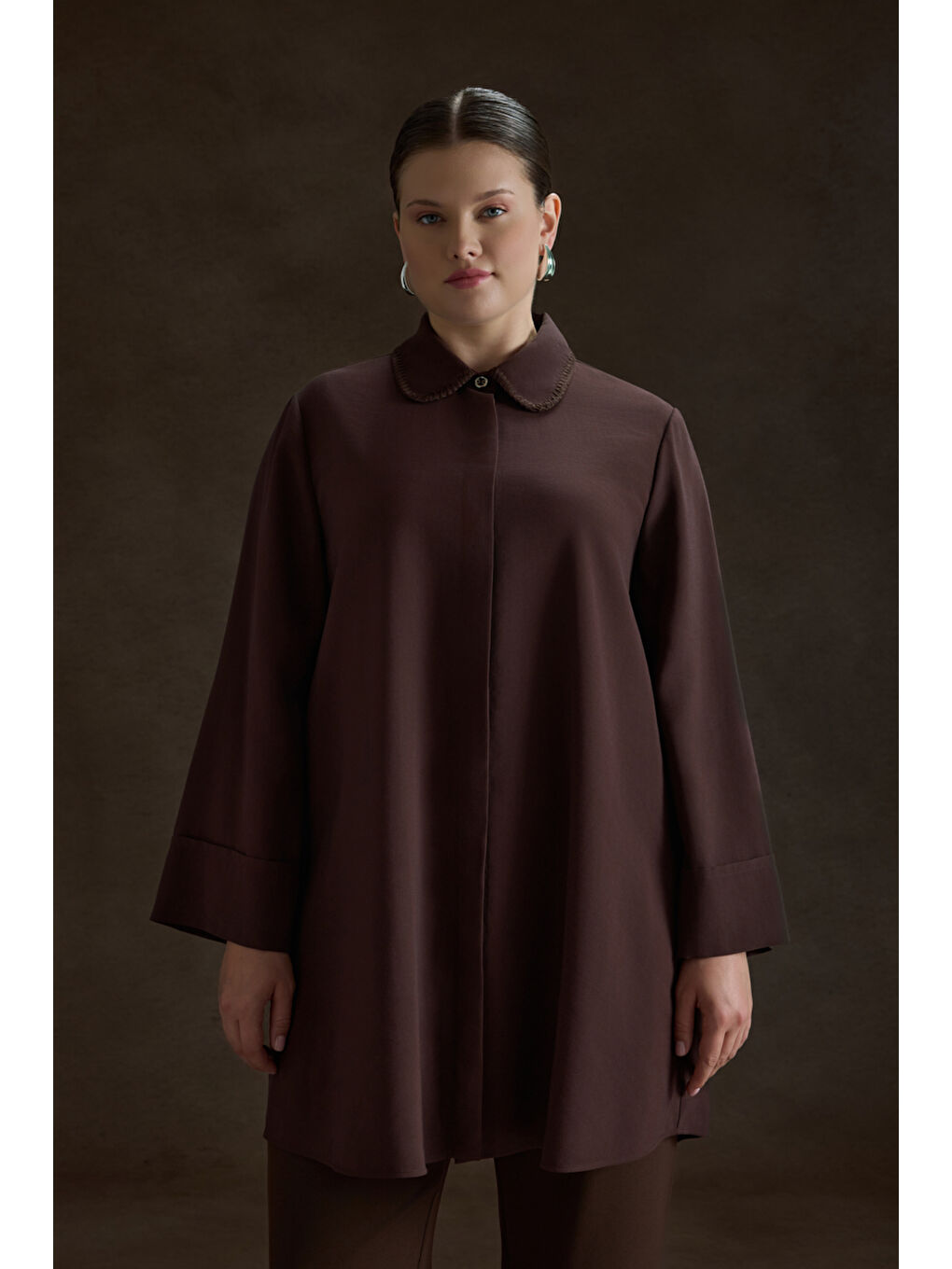 Kahverengi Çoban Dikişli Modal Tunik-1