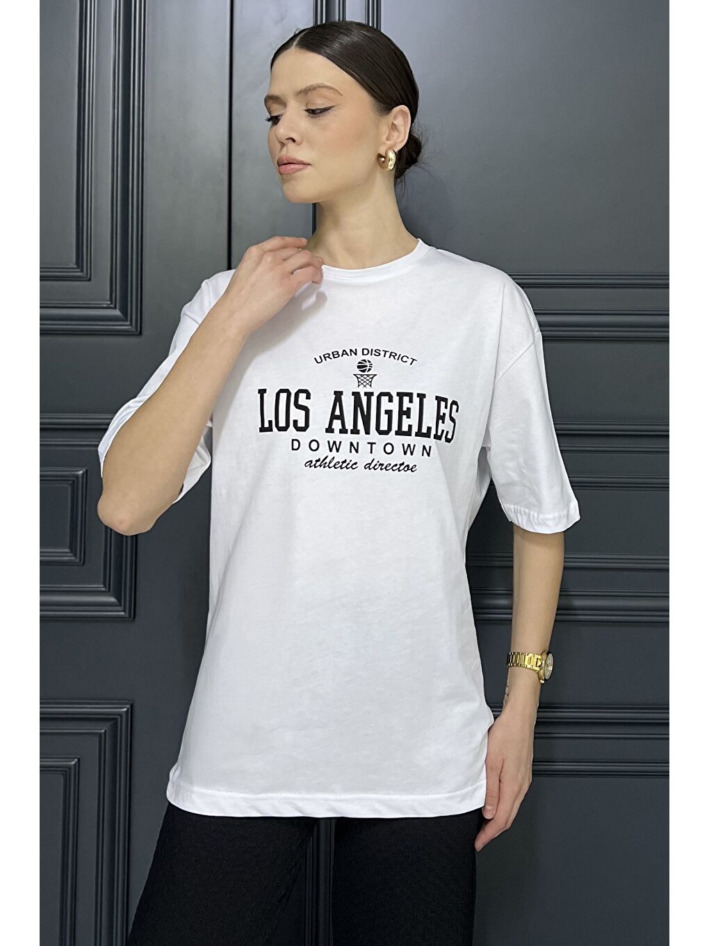 Beyaz Kadın Bisiklet Yaka Los Angeles Baskılı Salaş Tişört-1